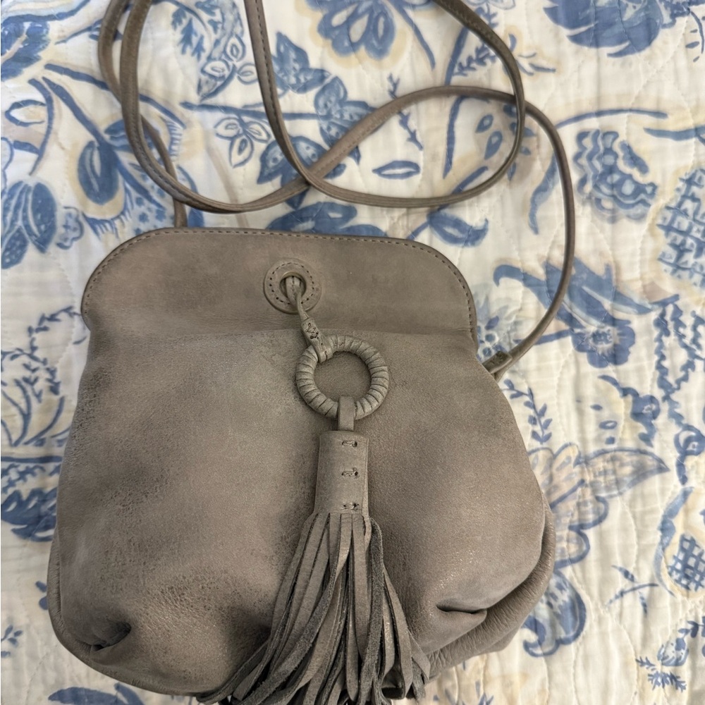HOBO Suede Tassel Crossbody Bag in Taupe